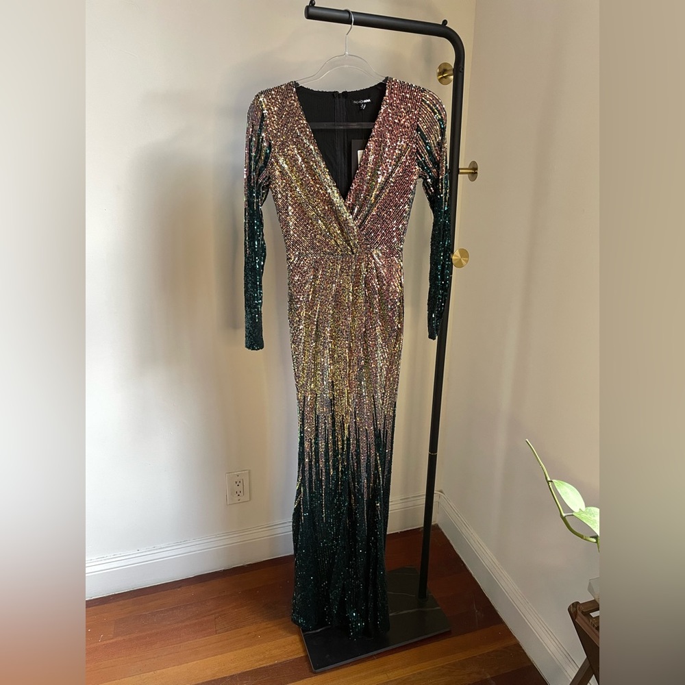 Sequin Long-sleeve Plunge Evening Gown